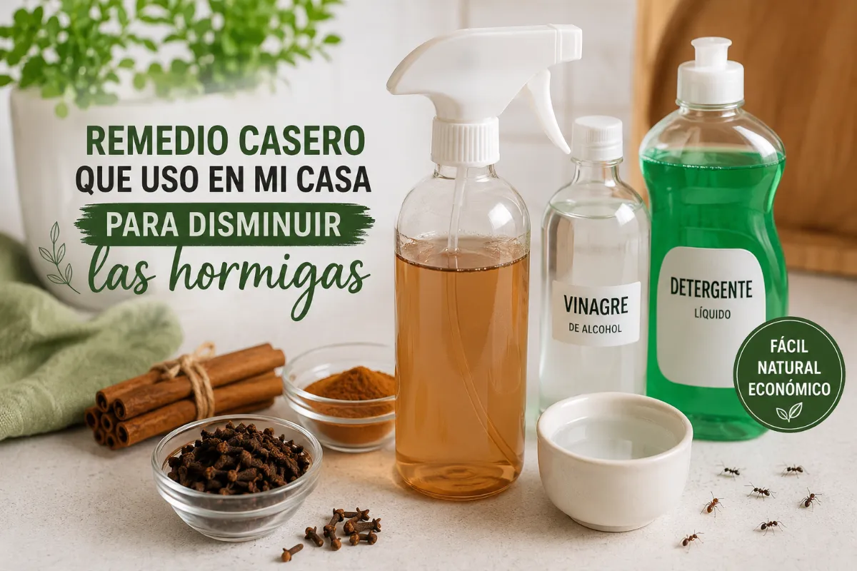 Persona preparando un insecticida casero con clavo de olor, canela, vinagre y detergente en una botella con atomizador para ayudar a repeler hormigas y cucarachas.