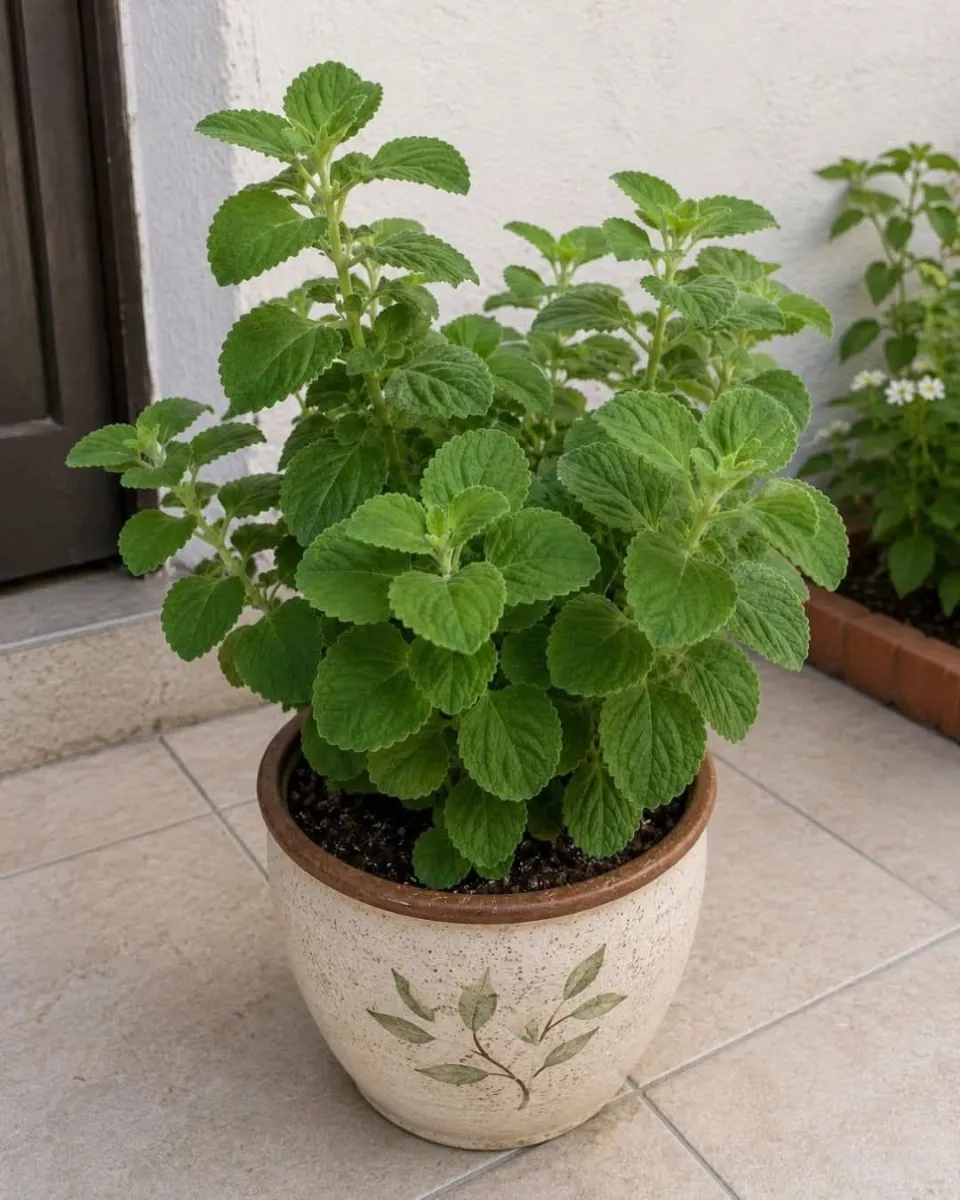Planta de orégano creciendo en una maceta, con hojas verdes y aromáticas, utilizada tradicionalmente para preparar infusiones como el té de orégano.