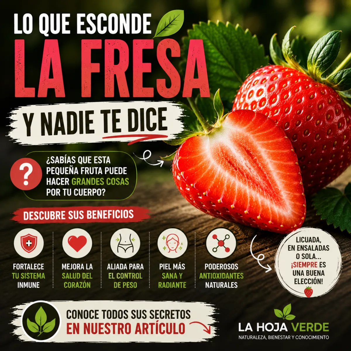 Primer plano de un tazón con fresas frescas sobre una mesa de madera, acompañado de hojas verdes y una tabla para cortar, resaltando su color rojo intenso y aspecto natural.