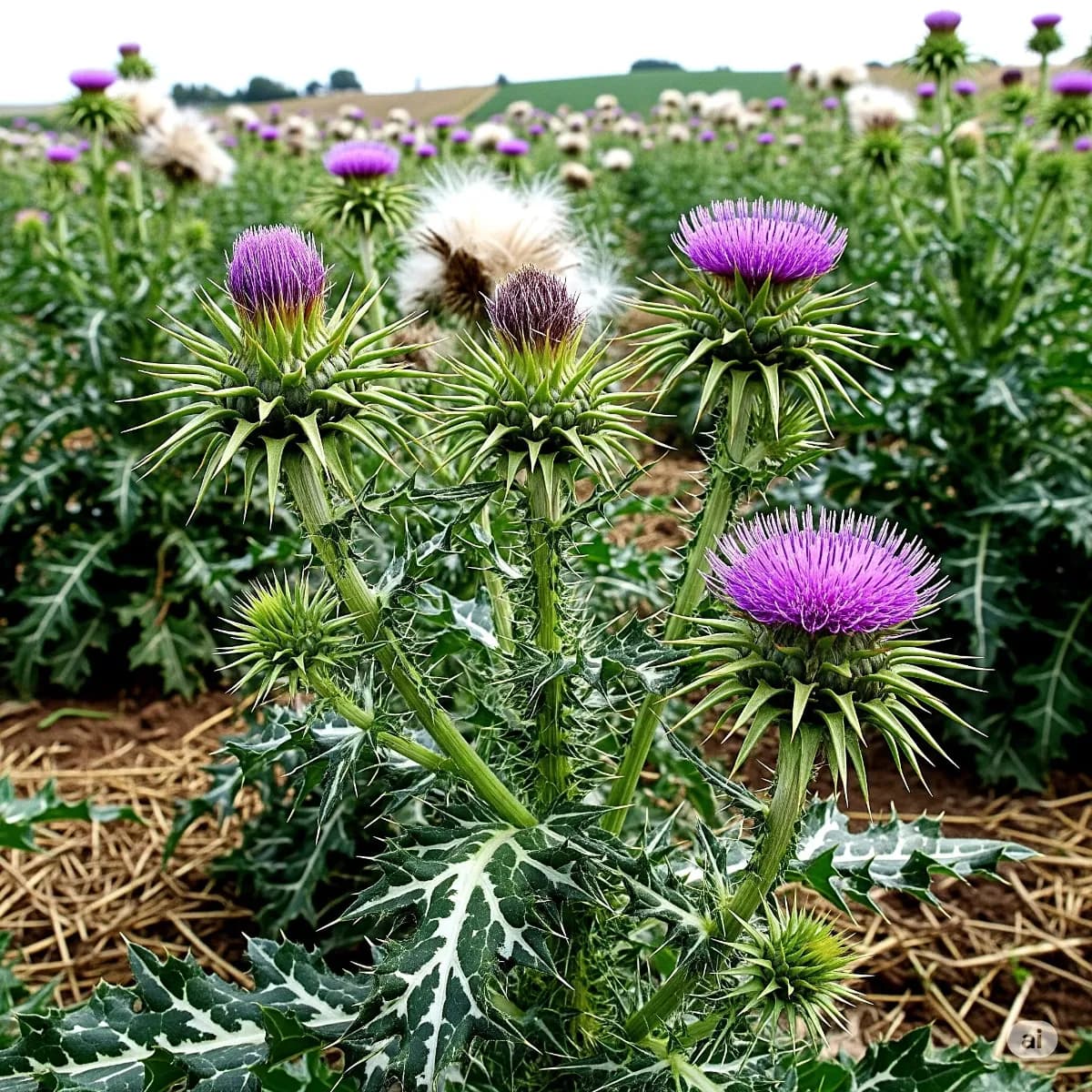 Semillas y flores de cardo mariano junto a una taza de infusión natural.